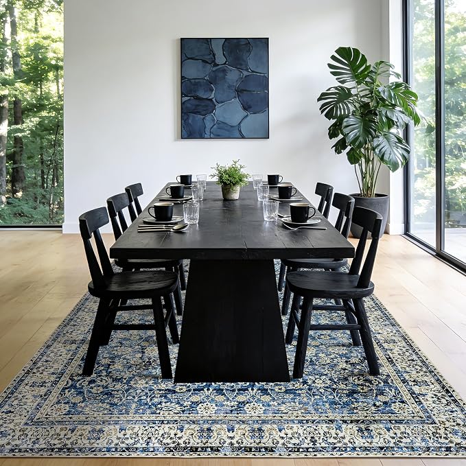 Large Area Rug for Living Room Vintage Blue Non Slip Washable Rugs 9x12 Neutral - Image 2