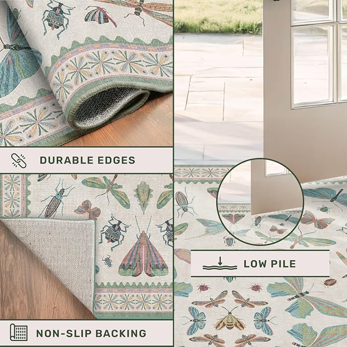 Green Butterfly Area Rug 9x12 for Living Room, Washable Floral Rug for Girls - Image 4