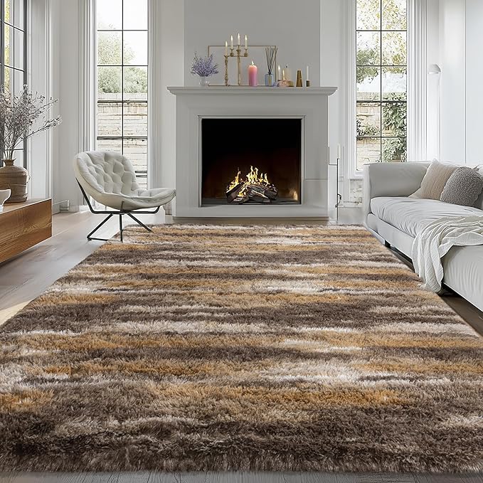 8x10 Shag Rugs for Living Room, Soft Fluffy Abstract Brown Fuzzy Large Area - Image 2
