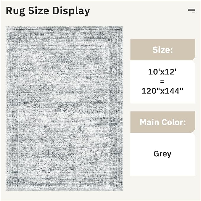 Soalmost Area Rug 10x12 Vintage Washable Living Room Large Gray Carpet Non Slip - Image 6