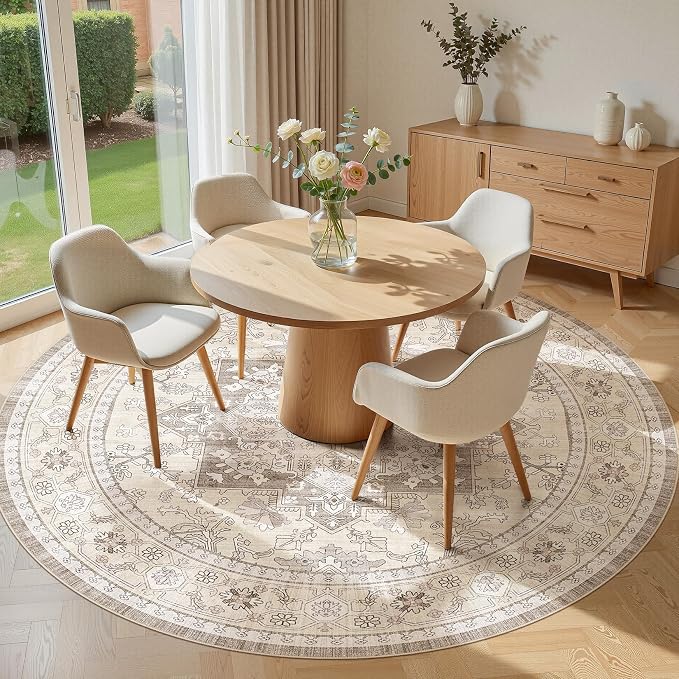 8ft Round Area Rug: Washable Vintage Neutral Soft Non Slip Thin Large Floor - Image 3