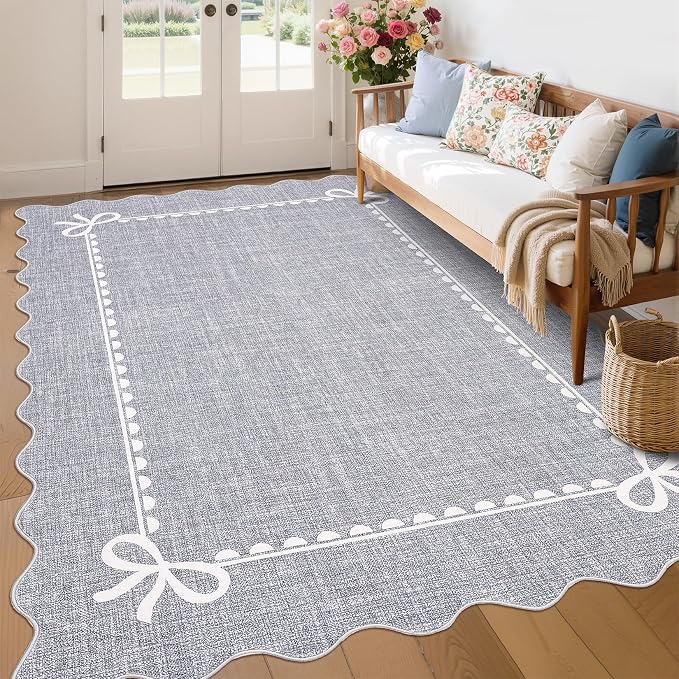 GarveeHome Scalloped Bow Rug for Living Room, Solid Grey Rug for Dorm, Washable by GarveeHome