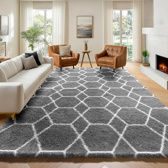 ONASAR 6x9 Area Rugs for Living Room Bedroom, Large Fluffy Grey and White Throw by ONASAR