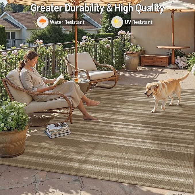 6x9 Easy Jute Stripe Area Rug Washable Beige Brown Indoor Outdoor Rug Non Slip - Image 5