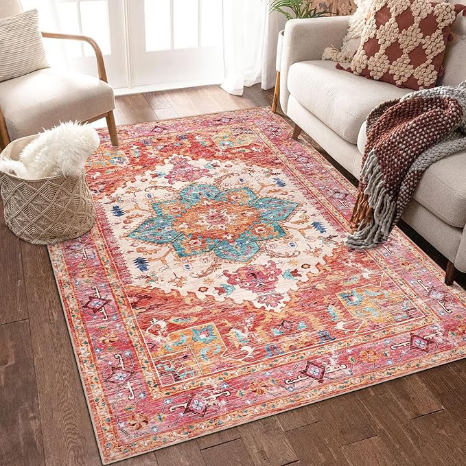 Yamaziot Washable Area Rug, 4x6 Non-Slip Boho Vintage Living Room Bedroom Rug by Yamaziot