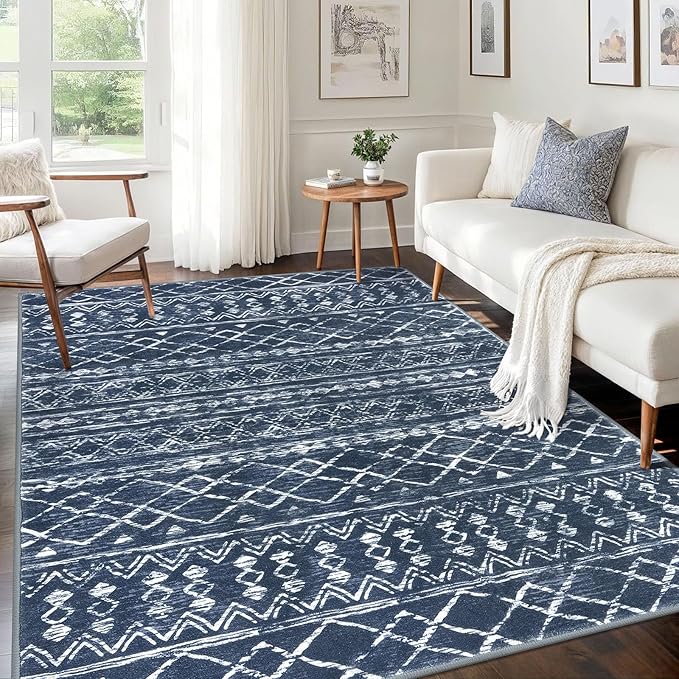KUTA Area Rug 5x7 Navy Blue, Washable Boho Large Living Room Moroccan Rugs by KUTA