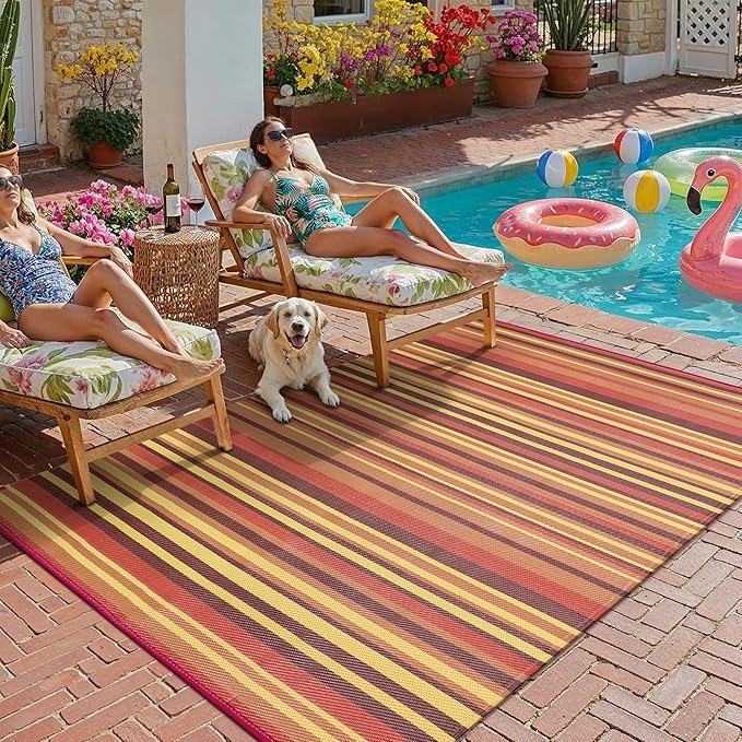 Outdoor Plastic Straw Rug Waterproof Patio 5x8 Red Orange Stripe Mat by WondRg