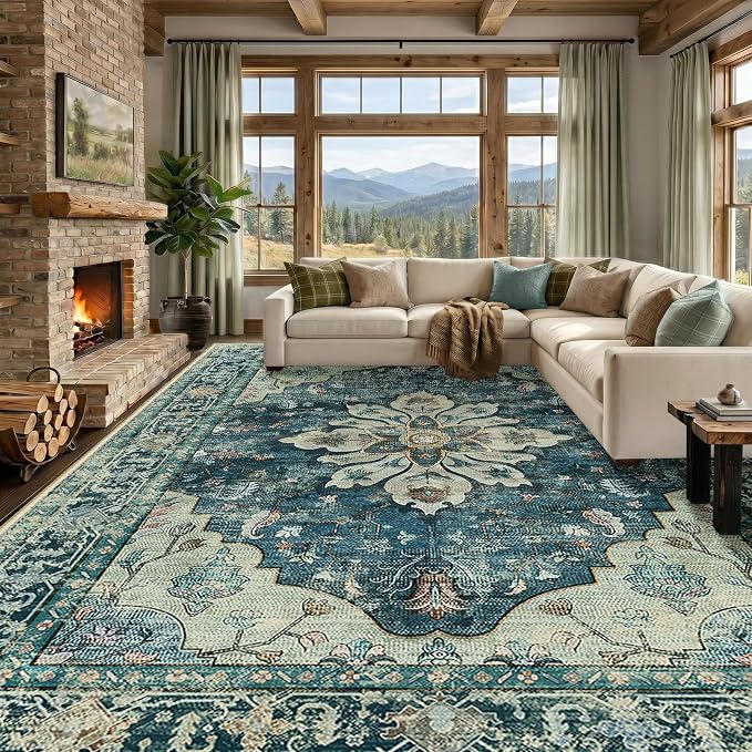 RELEANY Area Rugs Large 9'x12' Washable Non-Slip, Floral Vintage Distress by RELEANY
