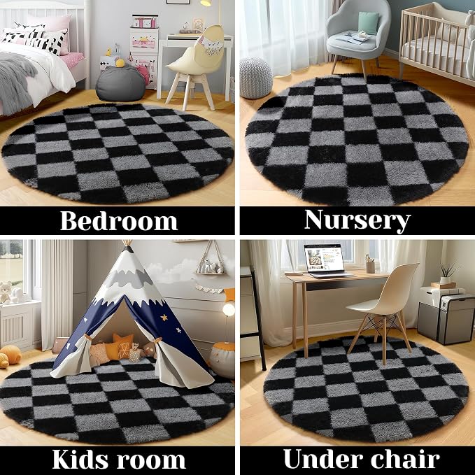 KICMOR Round Rugs 6ft Black and Grey Circle Area Rug, Fluffy Soft Fuzzy Shag - Image 5