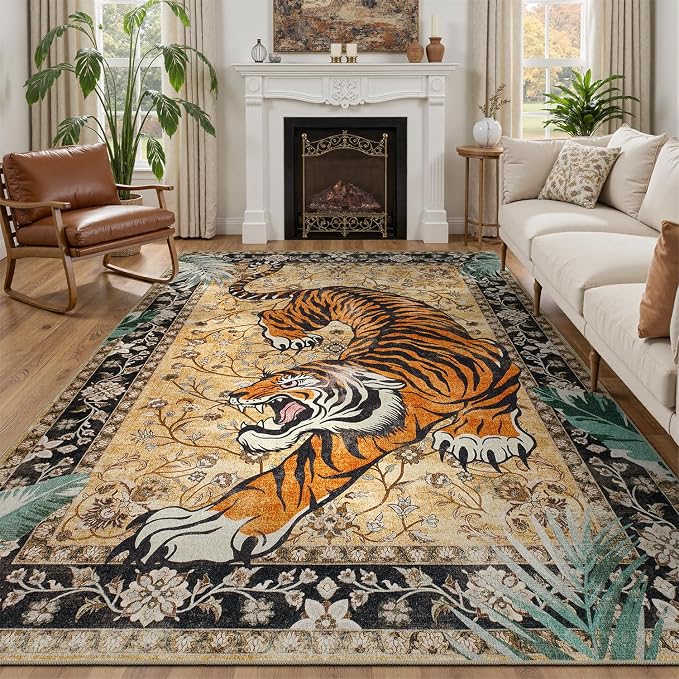 DCX Washable 6x9 Tiger Area Rug, Soft Low Pile Carpet, Kid & Pet Friendly by DCXWashableRug