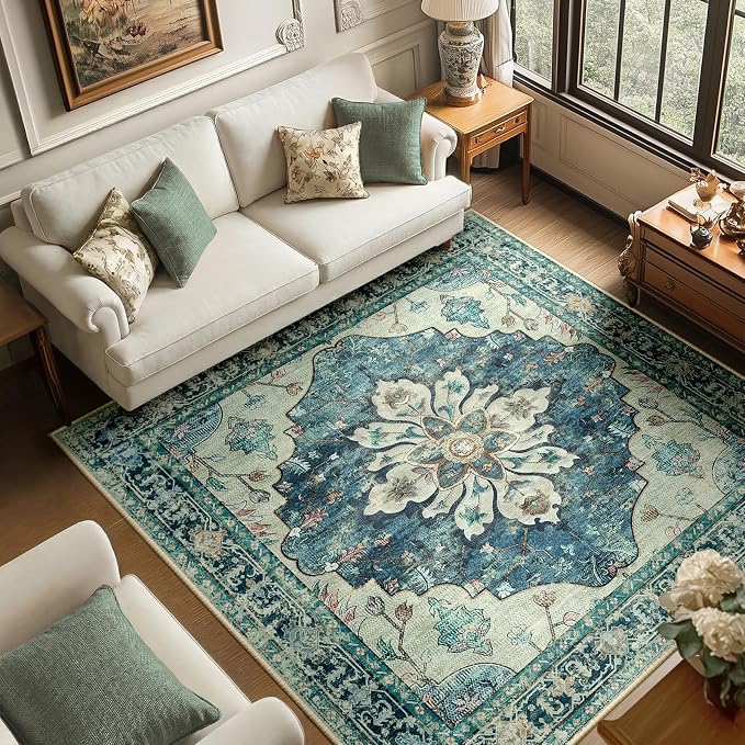 RELEANY Area Rugs Square 6ft Washable Non-Slip, Floral Vintage Distress by RELEANY