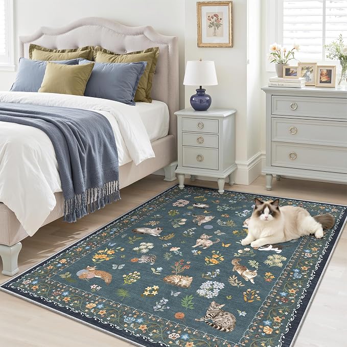 Soalmost Cat 4x6 Area Rugs, Machine Washable Animal Floral Accent Rug Non-Slip - Image 4