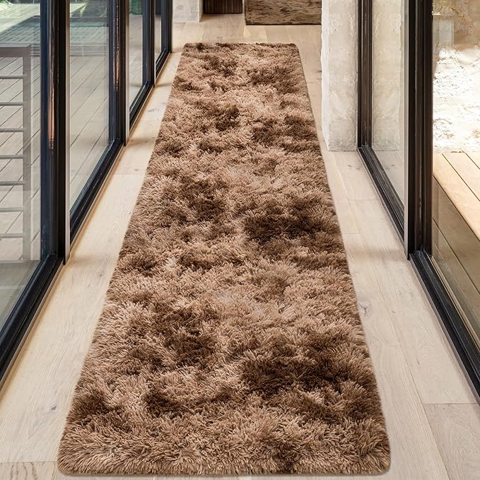 2x8 ft Plush Brown Tie Dye Rug Runner High Pile Fluffy Soft Bedside Rug Fuzzy by TENNOLA