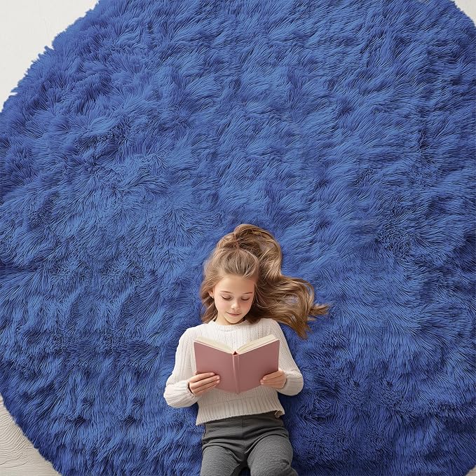 OLANLY Navy Blue Round Rugs for Bedroom by OLANLY