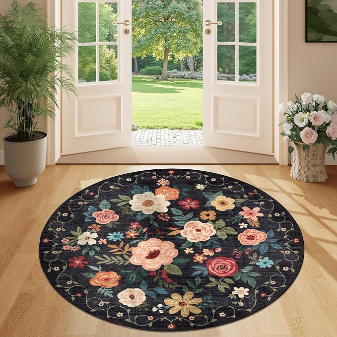 DUKINO Floral Round Rug, 4ft Washable Round Area Rug, Non Slip Indoor Low Pile - Image 3