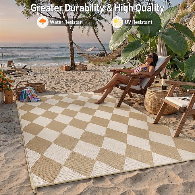 Outdoor Plastic Checkered Rug Waterproof Patio 8x10 Beige Brown Diamond - Image 4