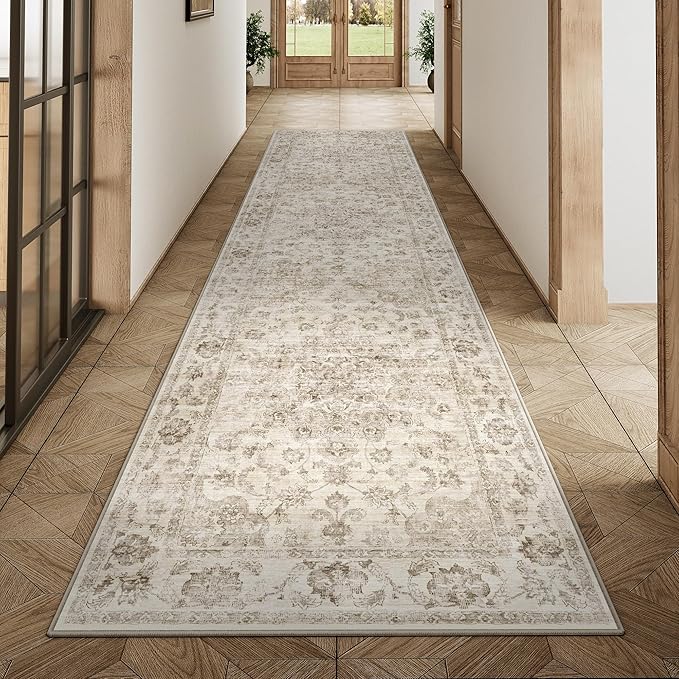 3x12 Washable Neutral Runner Rug Beige Vintage Hallway Kitchen Carpet Non-Slip - Image 3