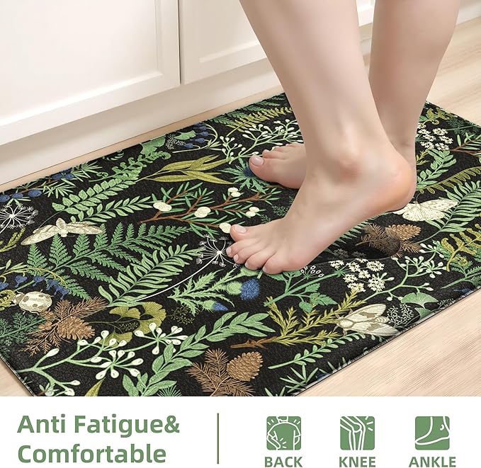 Black Green Botanical Kitchen Rugs Set of 2 Plant Leaf Anti-Fatigue Kitchen Mat - Image 5