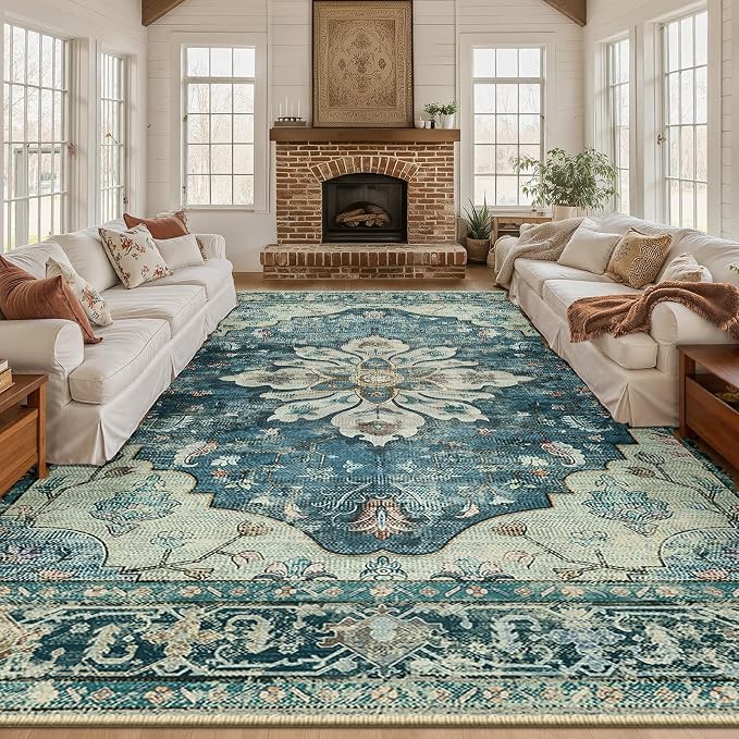 RELEANY Area Rugs Large 10'x12' Washable Non-Slip, Floral Vintage Distress by RELEANY