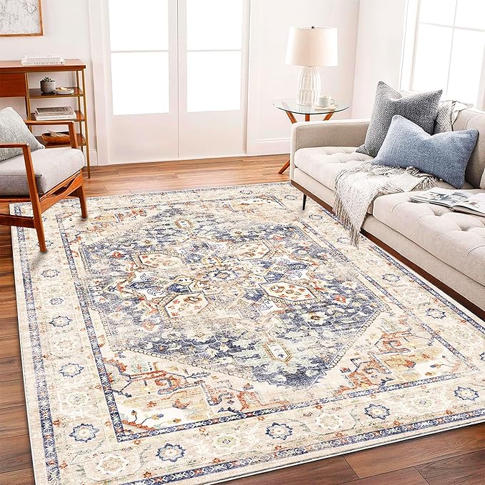 CHAMPLANT Area Rug 6'x9' Blue Khaki Washable Vintage Traditional Floor Cover by CHAMPLANT