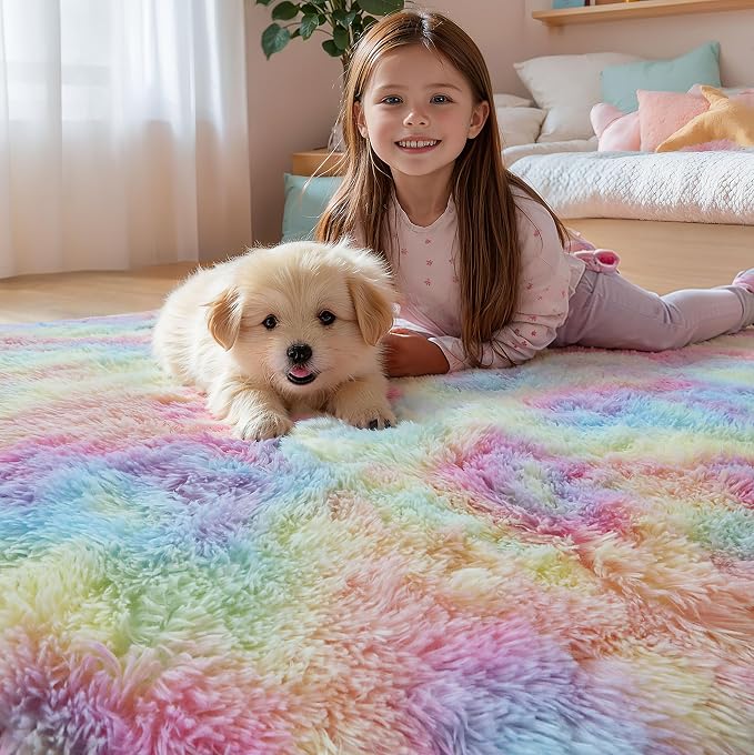 Fluffy 8x10 Large Area Rugs for Girls Bedroom Living Room, Rainbow Soft - Image 2