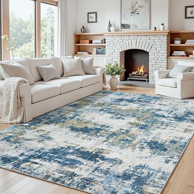 4x6 Area Rugs for Living Room Washable: Abstract Soft Thin Low Pile Blue Rug by Oriannal