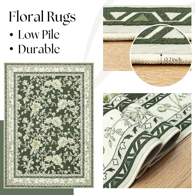 Olive Green Floral Print Area Rugs - Image 6
