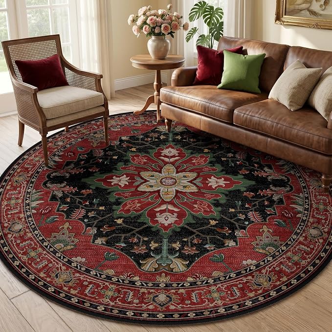 RELEANY Area Rugs Round 6ft Washable Non-Slip, Floral Vintage Distress by RELEANY