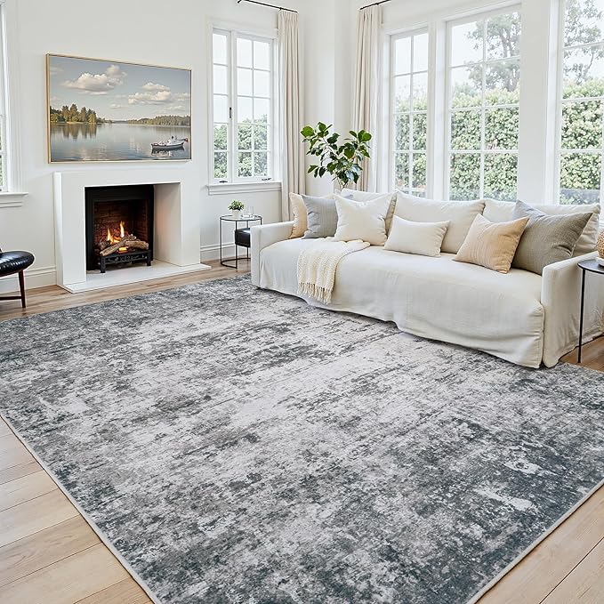 Area Rug 10x14 Living Room Rug Washable: No-Slip Abstract Soft Thin Large Gray by Oriannal
