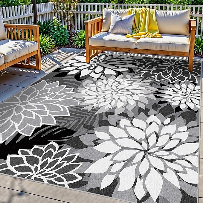 6x9 Outdoor Area Rug Washable Multicolored Patio Rug Tropical Botanical Floral by ArenaRug