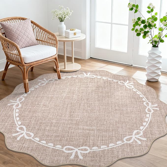 GarveeHome Scalloped Bow Rug for Living Room, 6ft Round Rugs Washable Solid by GarveeHome