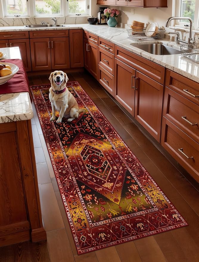 SERISSA Boho Washable Runner Rug, 2x6 Rug Runner Non-Slip Vintage Rustic Red by SERISSAHomeDecorCollection