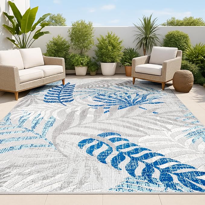 JONATHAN Y Tropics Palm Leaves Indoor Outdoor Area Rug 5X8 Gray/Blue, Boho by JONATHANY