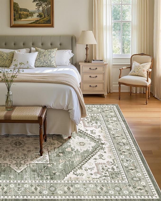 5x7 Vintage Area Rug: Washable Neutral Soft Non Slip Thin Large Floor Carpet - Image 3