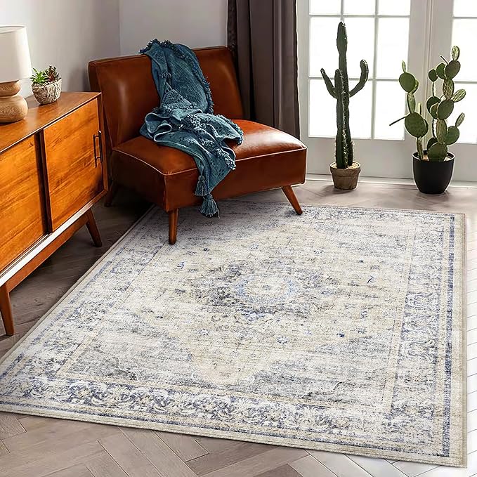 CHAMPLANT Area Rug 5'x7' Washable Rug Floral Blue Vintage Traditional Floor - Image 3