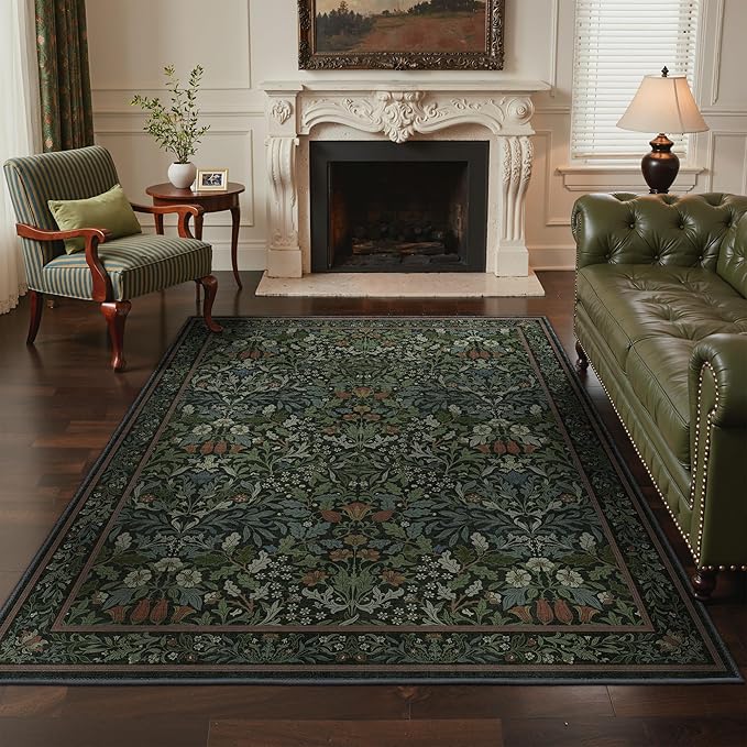 GENIMO Area Rugs 5x7 Washable, Dark Green Non Slip Vintage Boho Floral Carpet by GENIMO