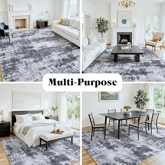 6x9 Area Rugs for Living Room Washable: Abstract Soft Thin Low Pile Black Rug - Image 5