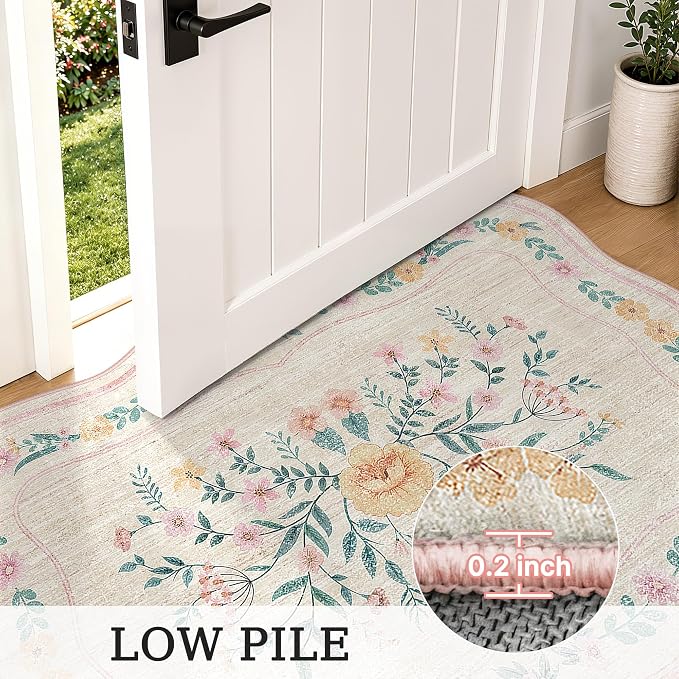 Scalloped Door Mat 2x3 Small Pink Floral Washable Entryway Rug | Soft Low Pile - Image 7