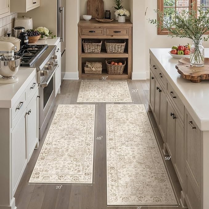 Neutral Kitchen Rug Set of 3 Washable Beige Vintage Kitchen Mats - Image 5