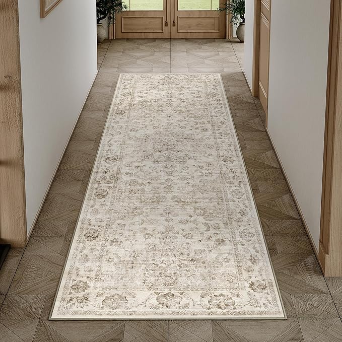 3x8 Washable Neutral Runner Rug Beige Vintage Hallway Kitchen Carpet Non-Slip - Image 3