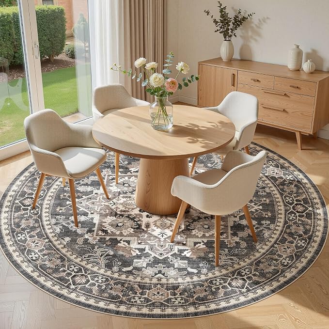 5ft Round Area Rug: Washable Vintage Neutral Soft Non Slip Thin Large Floor - Image 3