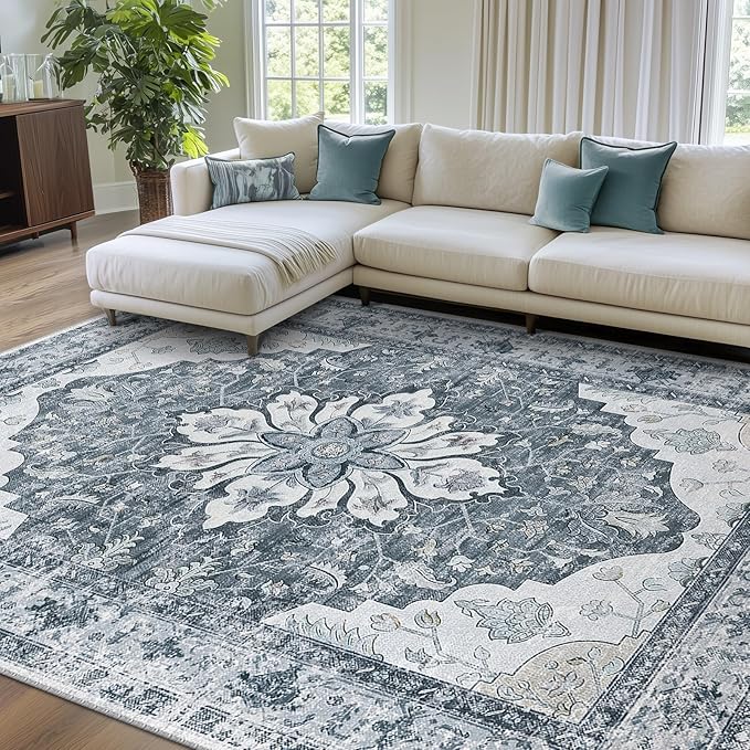 RELEANY Area Rugs 8'x10' Washable Non-Slip, Floral Vintage Distress Medallion by RELEANY