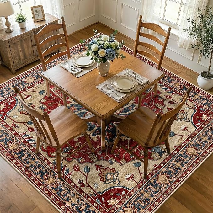 RELEANY Area Rugs Square 8ft Washable Non-Slip, Floral Vintage Distress by RELEANY