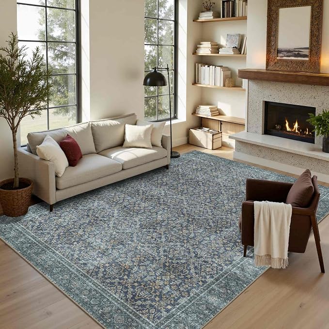 Latte&Fog 6x9 Area Rugs for Living Room, Large Vintage Blue Washable Rug - Image 2