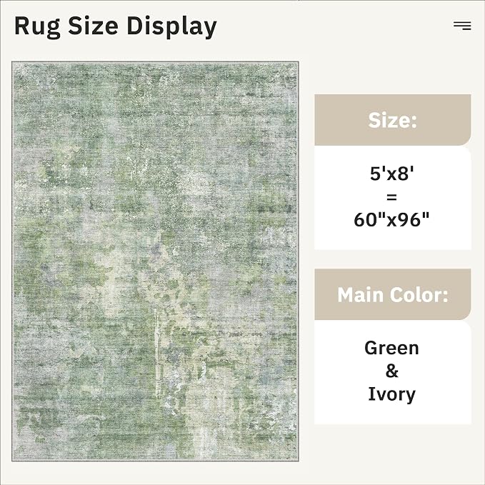 Soalmost 5x8 Area Rugs Green/Ivory Low Pile Indoor Washable Trendy Faded Style - Image 5