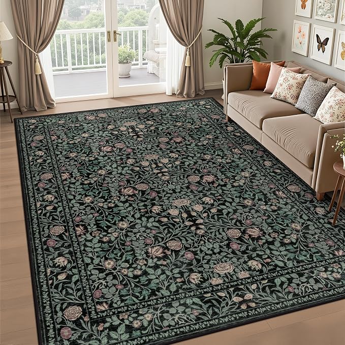 5x7 Area Rugs Living Room Rug: Floral Washable Rug Vintage Boho Soft No Slip - Image 2