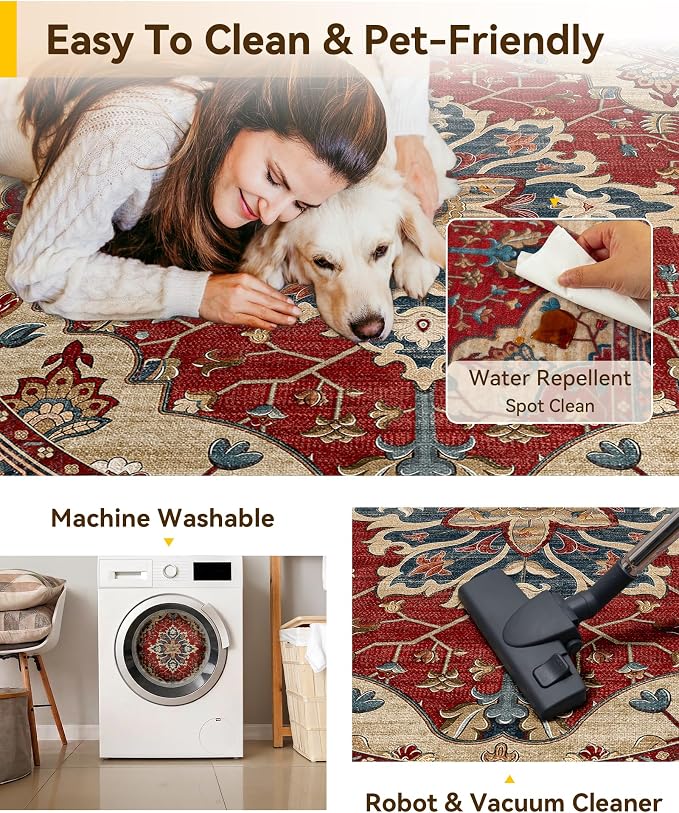 RELEANY Area Rugs Round 8ft Washable Non-Slip, Floral Vintage Distress - Image 5