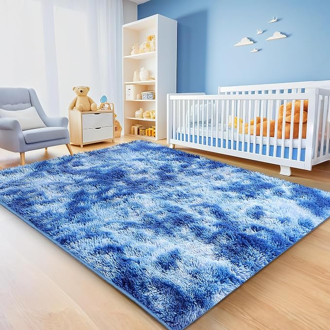 5x7 Area Rugs for Living Room, Tie-Dyed Blue Fluffy Shag Rug for Bedroom Boys - Image 4