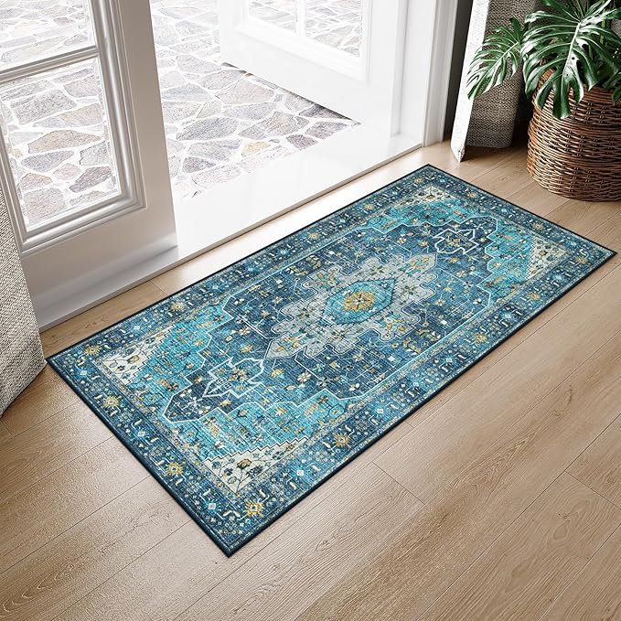 Moynesa 2x4 Teal Vintage Floral Medallion Runner Rug by Moynesa