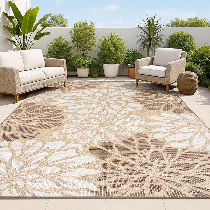 JONATHAN Y Floral Textured Weave Indoor Outdoor Area Rug 4X6 Brown/Cream by JONATHANY